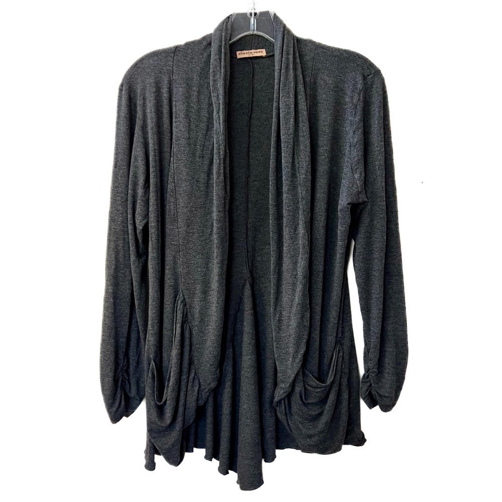 CHA CHA VENTE Open Front Slouchy Cardigan Grey Pockets Size Large Rayon/Spandex